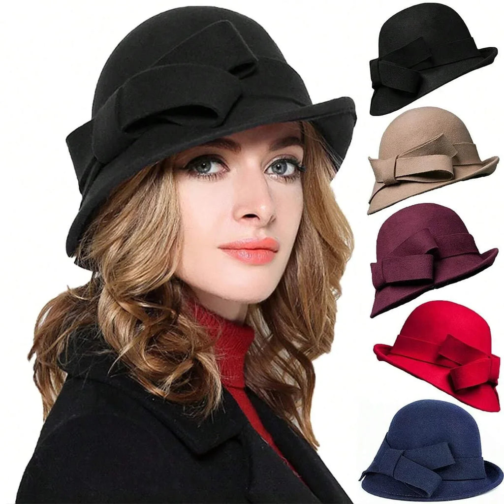 Hat Children Elegant Retro Woolen Top Hat Curled Edge Bow Fashion Pot Hat Big Head Circumference Felt Palace Hat