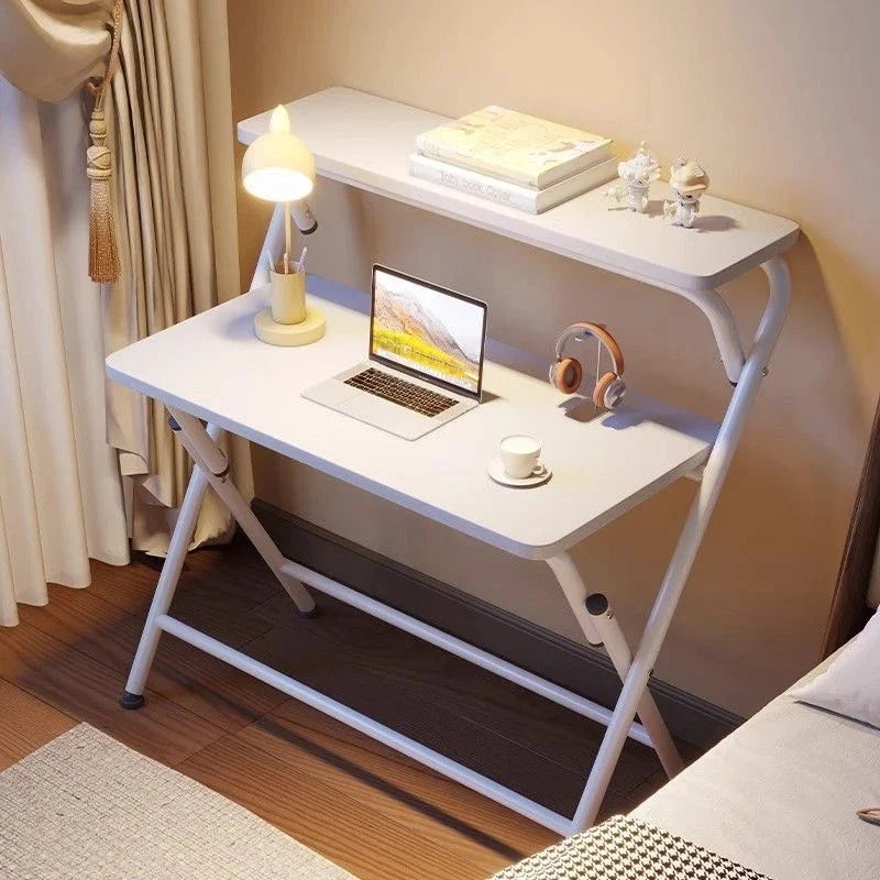 Double Folding Table Layered Shelving Space Saving Folding Computer Table Use for Writing Studying Gaming and Office