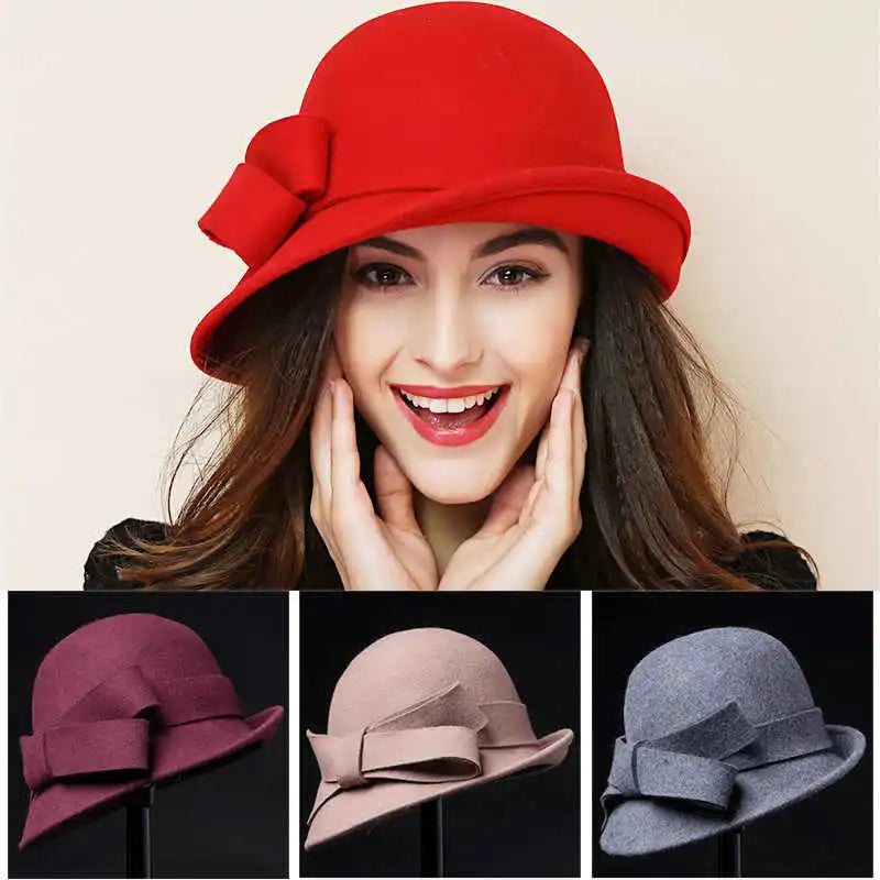 Hat Children Elegant Retro Woolen Top Hat Curled Edge Bow Fashion Pot Hat Big Head Circumference Felt Palace Hat