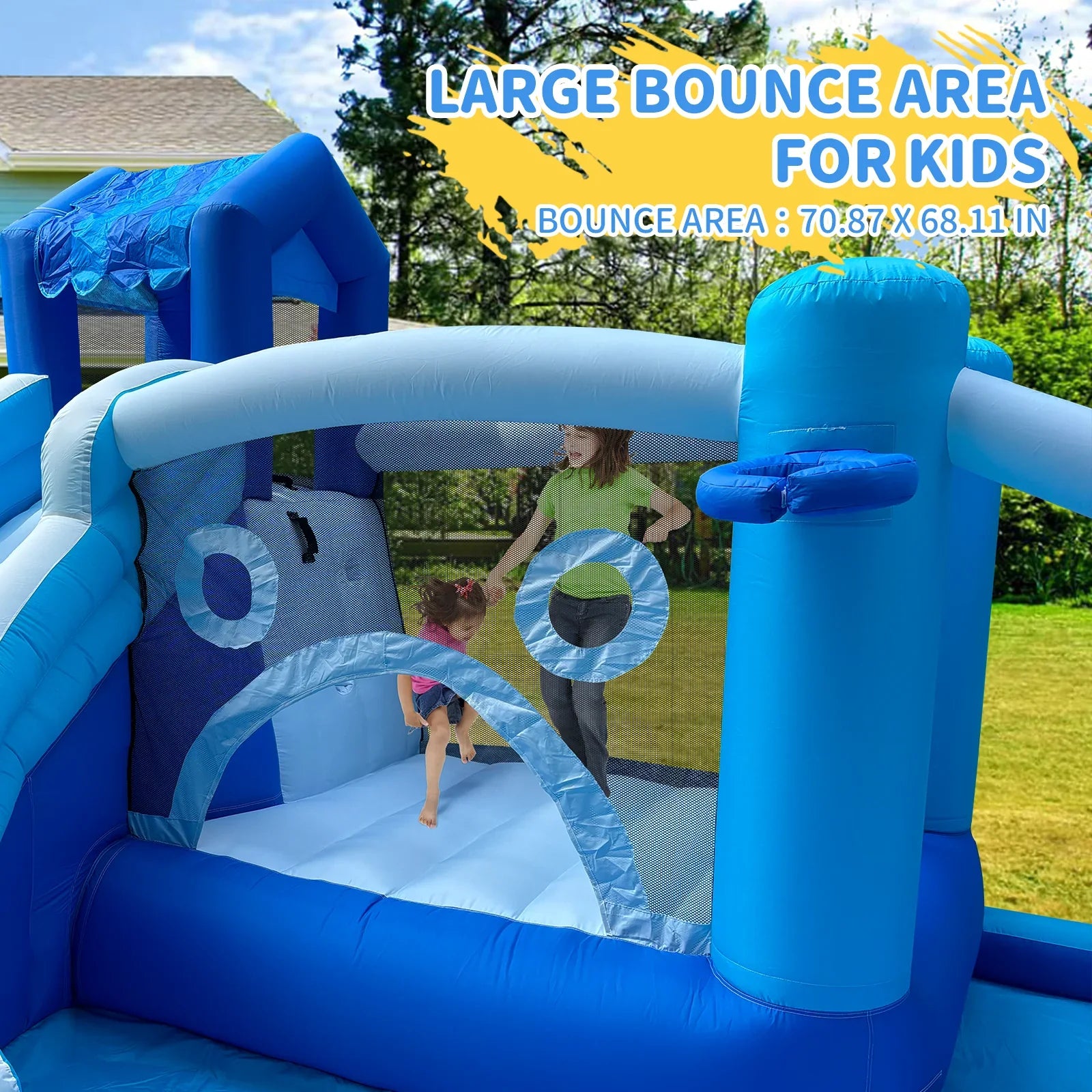 Inflatable  Water Slide Park-Huge Splash Pool-Easy to Set Up & Inflate with Air Blower,Bule   Water Slid Outdoor Use