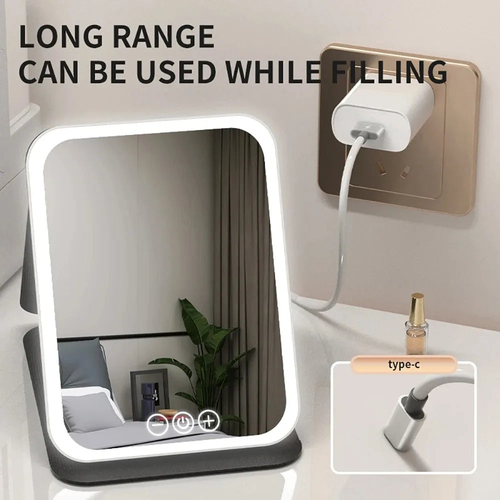 3 Colors Makeup Mirror LED Vanity Mirror with Touch Screen USB Rechargeable Dimming 3 Brightness Portable Fold Mirror Tabletop