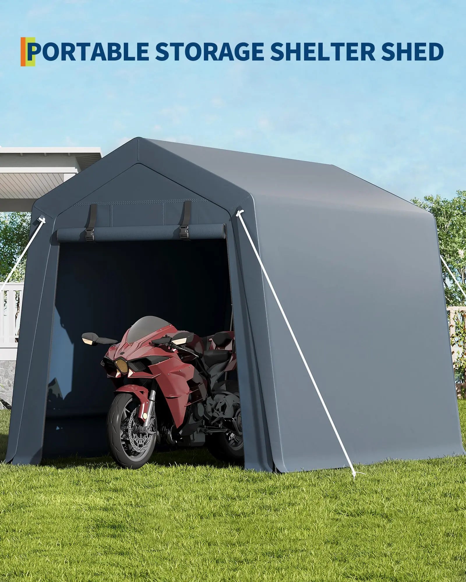 6x8 FT Heavy Duty Outdoor Storage Shed Portable Steel Frame Shelter With Waterproof PE Tarp Cover Dual Zipper Doors & Mesh Vents