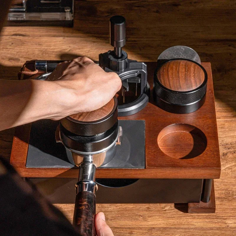 51-58mm Wooden Coffee Tamper Station Stand with Knock Box Coffee Organizer Box for Portafilter Tamper Distributor &Puck Screen