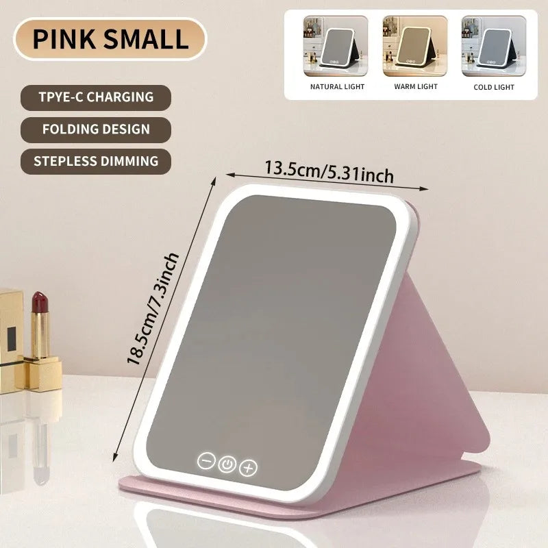 3 Colors Makeup Mirror LED Vanity Mirror with Touch Screen USB Rechargeable Dimming 3 Brightness Portable Fold Mirror Tabletop