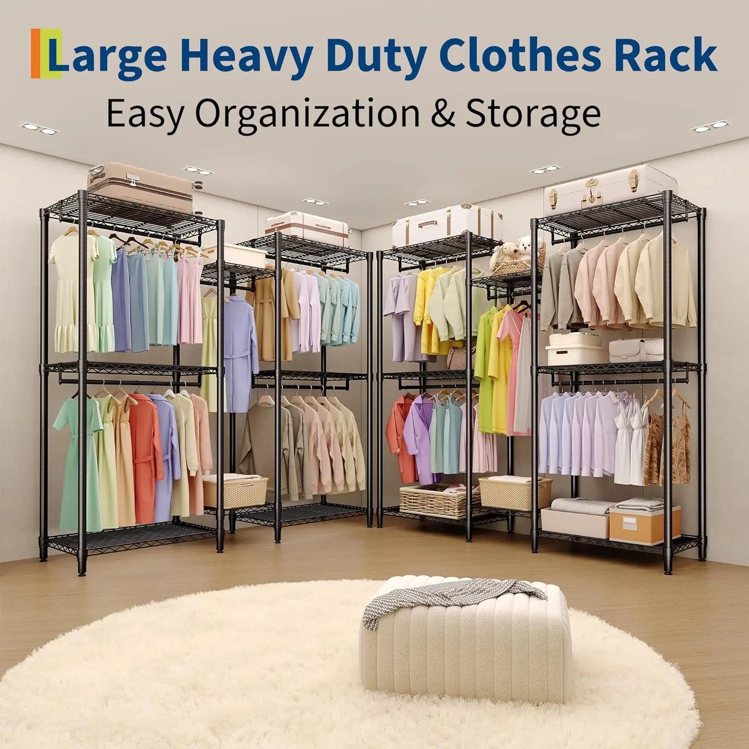 5-Tier Clothes Rack Heavy Duty Garment Rack with 8 Adjustable Shelves 5 Hanging Rods for Hanging Clothes 187W x 44D x 194H cm