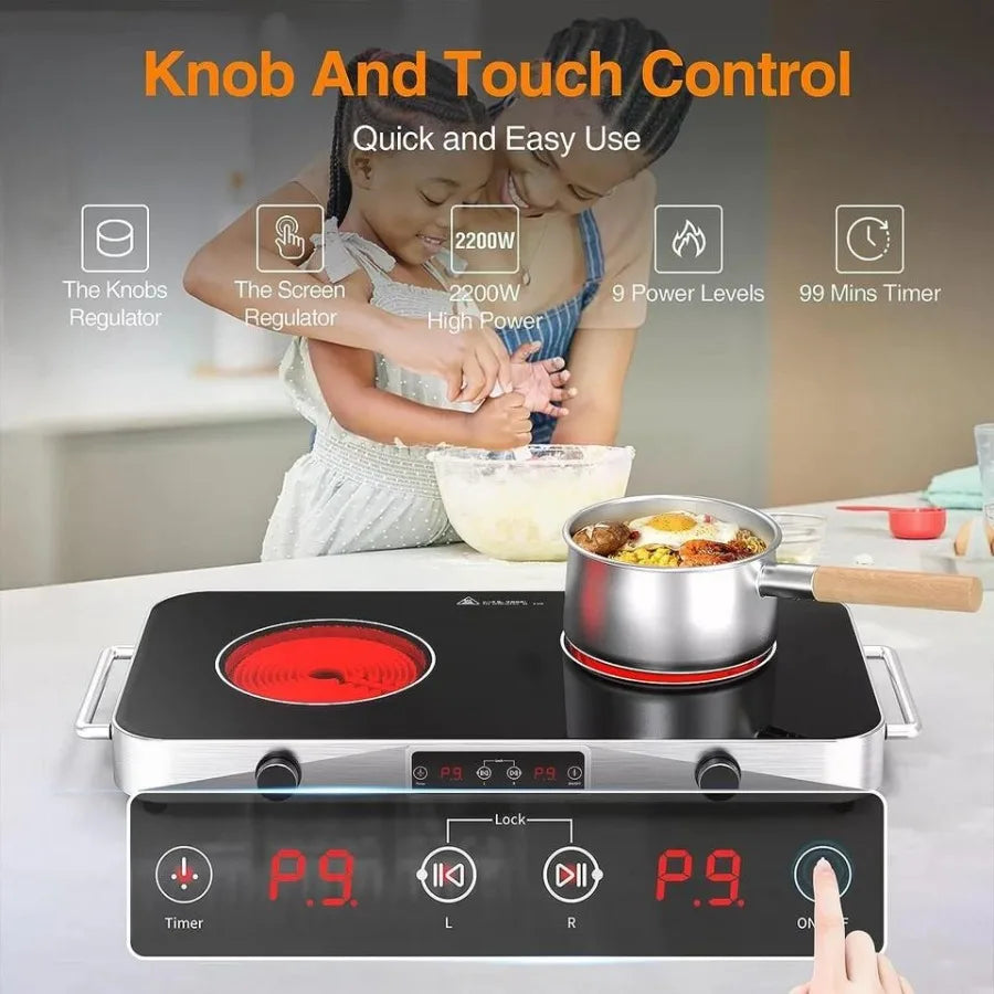 2-Burner Electric Cooktop Countertop Stove with Knob Control 2200W 120V Stainless Steel Finish Compact Design for Kitchen Count