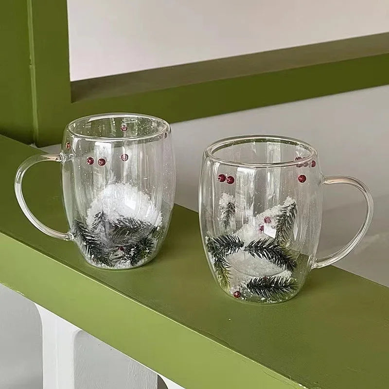 200/350ML Christmas Mug Double Wall Glass Cup Snow Scene Coffee Cup Heat Resistant Juice Milk Glass Water Cup ‌Christmas Gift
