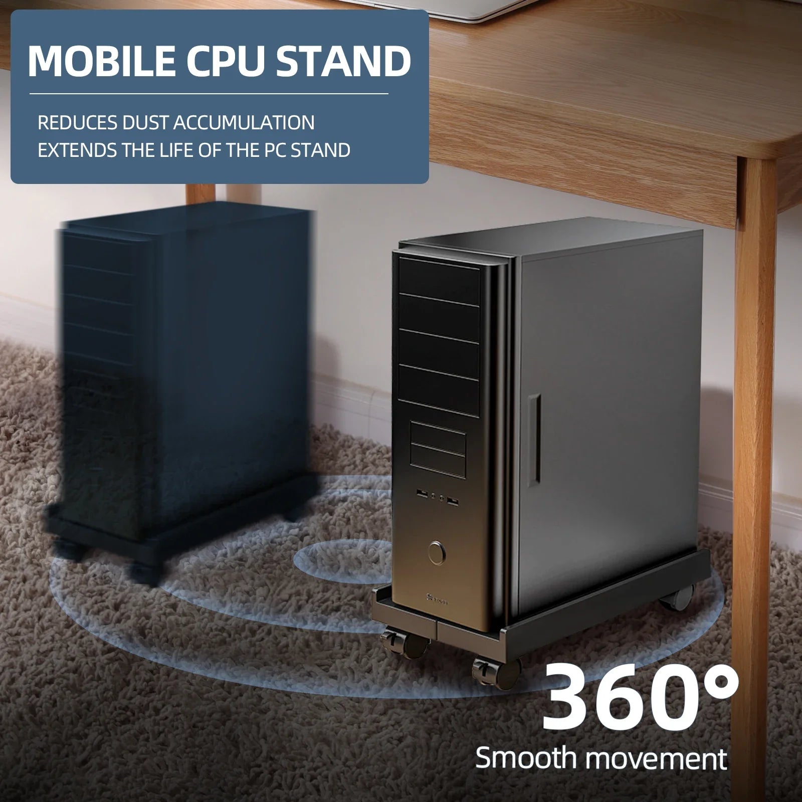 Adjustable Mobile PC Tower Stand with Wheels under Desk CPU Holder Adjustable Stable Mobile Computer Host Stand for Home Office
