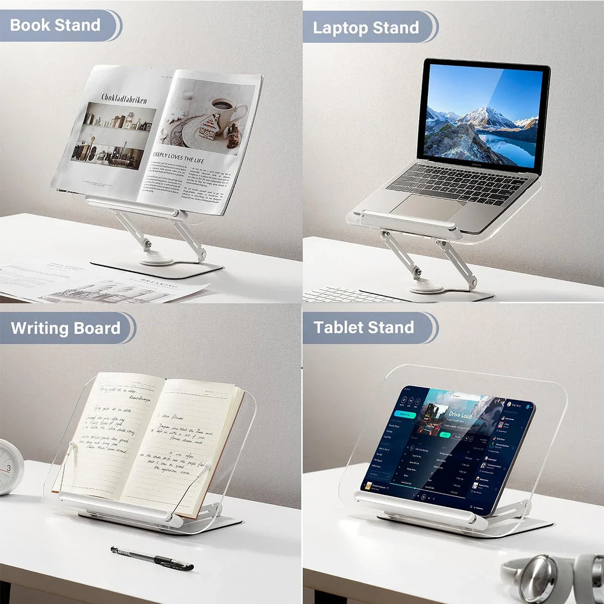 Acrylic Book Stand for Reading Adjustable Book Holder with 360° Rotating Base Elastic Page Clips Foldable Desktop Riser Stand