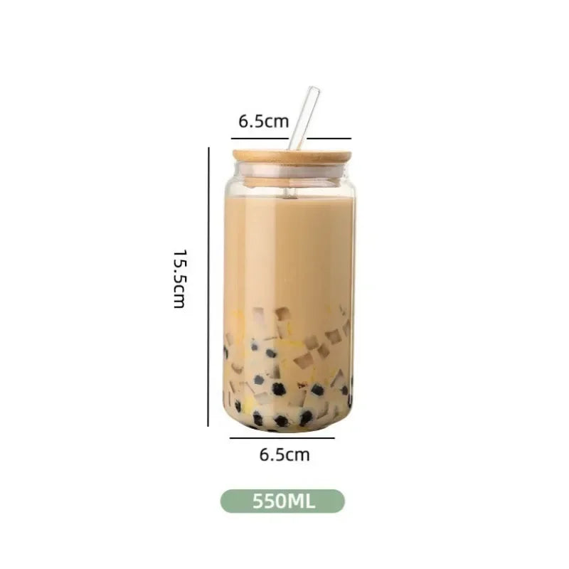 450ml/550ml Transparent Glass Cup with Wooden Lid and Straw Home High Borosilicate Glass Juice Cup Water Cup Drinking Utensils