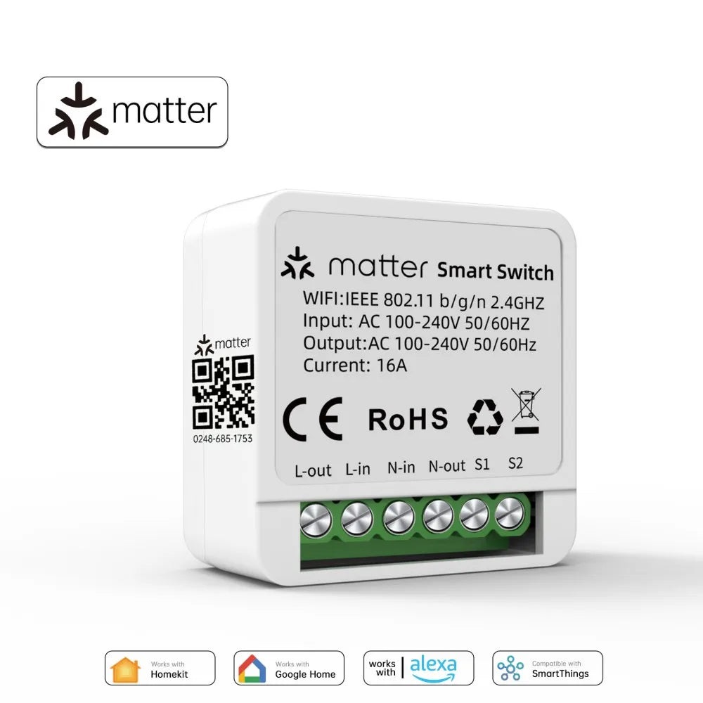Matter WiFi Smart Switch 16A Smart Home Light Switch Relay Module Voice Control Work with Alexa Google Homekit Smartthings Tuya
