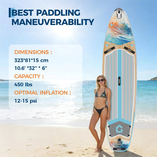 10.6 Ft Inflatable Stand Up Paddle Board 450LBS Capacity Wide SUP With Premium Accessories Camera Mount Non-Slip Deck Backpack