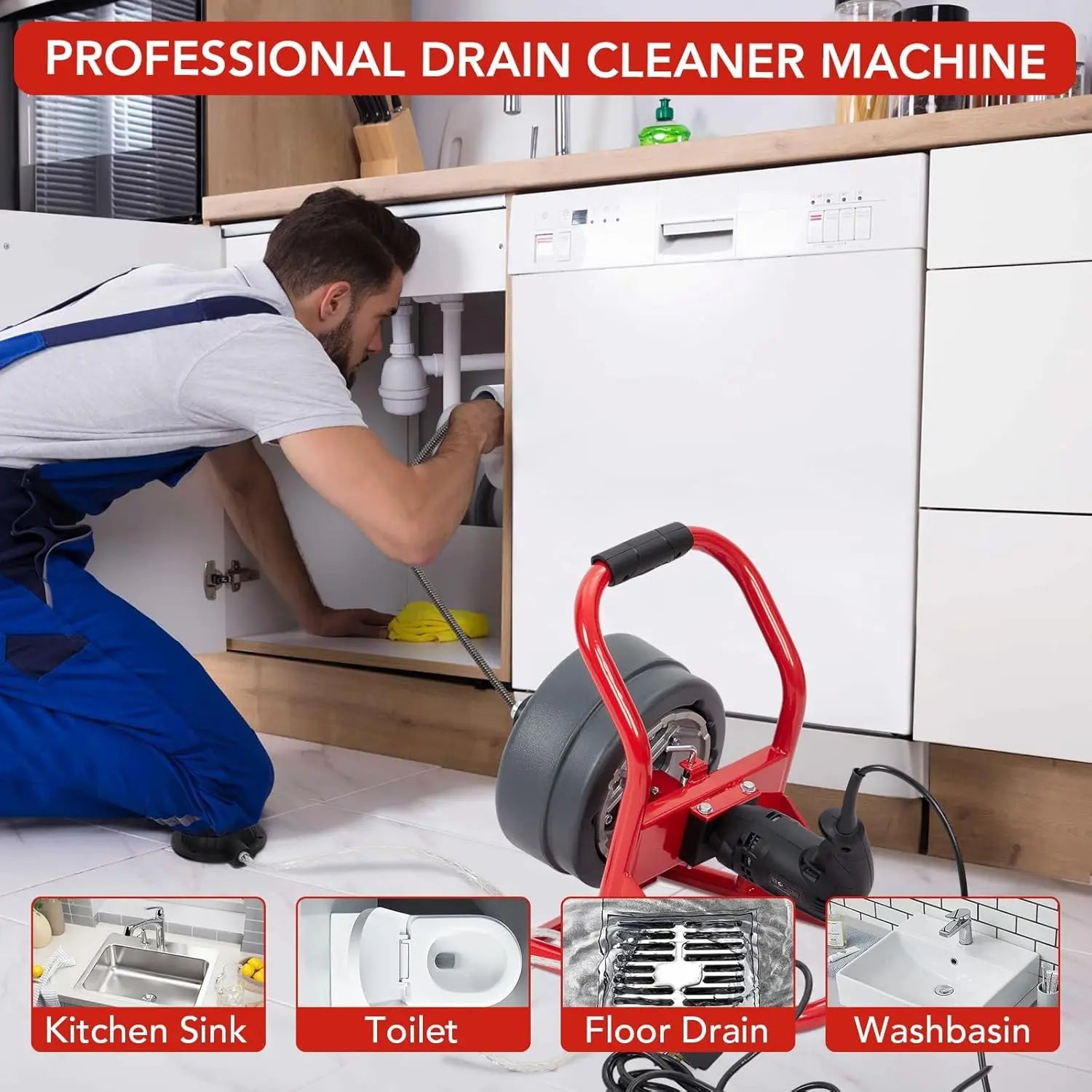 50Ft x 5/16 Inch Electric Drain Auger Cleaner Sewer Snake Machine Foot Switch with 6 Cutters,Glove for 3/4 to 3 Inch Pipes