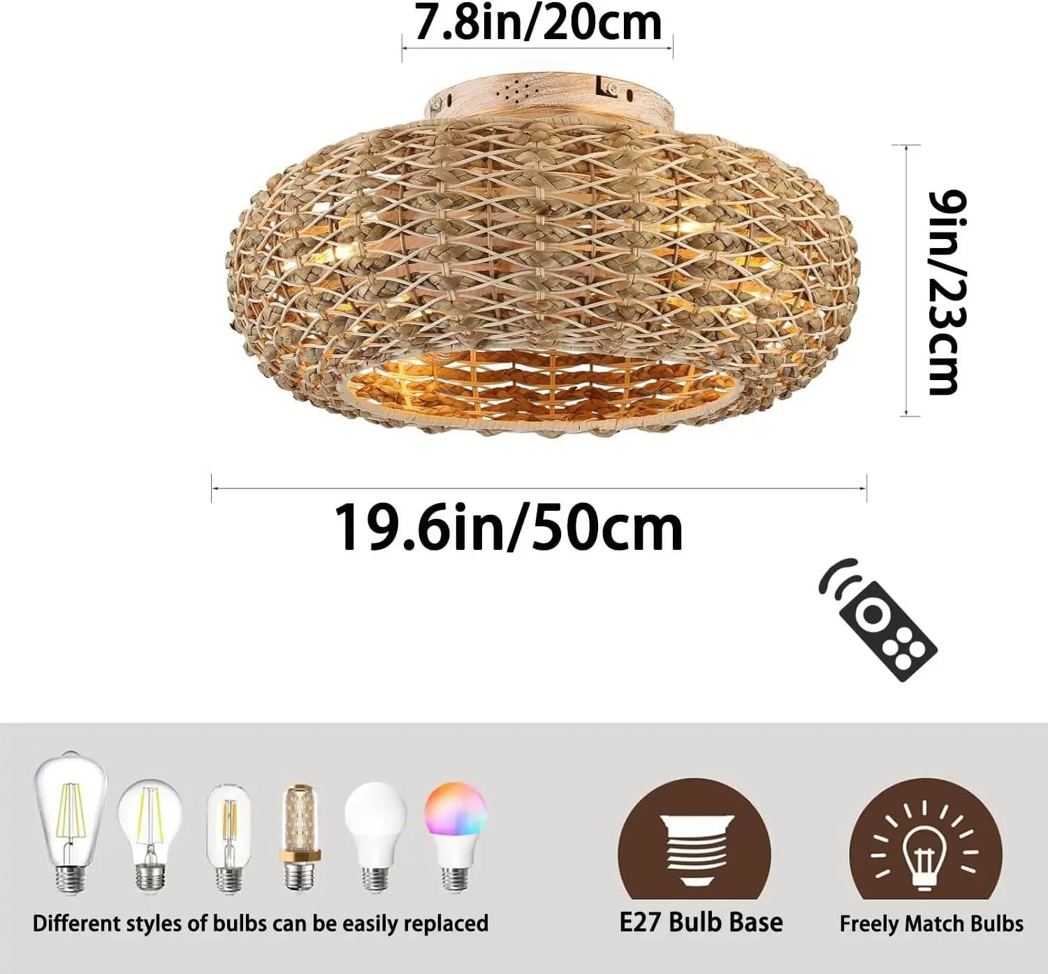Bamboo Ceiling Fan Fans With Lights Remote Control Bedroom Decor Ventilator Lamp 50cm Air Invisible Blades Retractable Silent