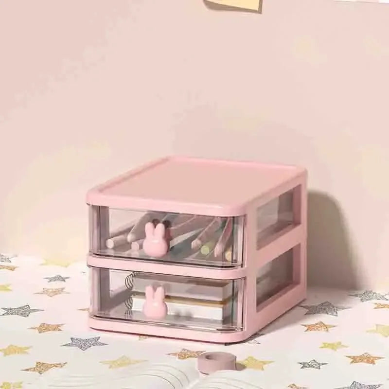 2-5 Layers Clear Stacking Drawer Organizer Multi-Tier PP Storage Box Cartoon for Office/Beauty Products, Modular Desktop System