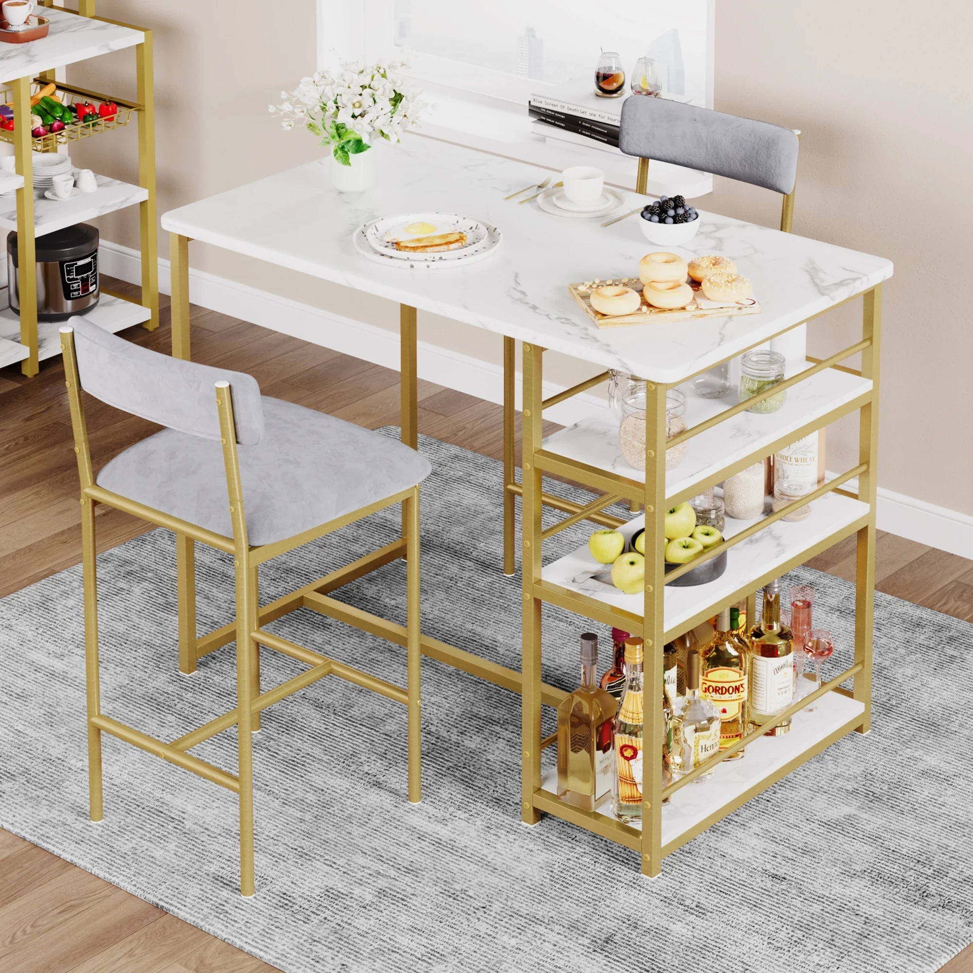 3 Pcs Dining Table and Chairs Set Space-Saving Bar Table with 2 PU Cushioned Stools for Breakfast Nook Small Spaces Dining Room