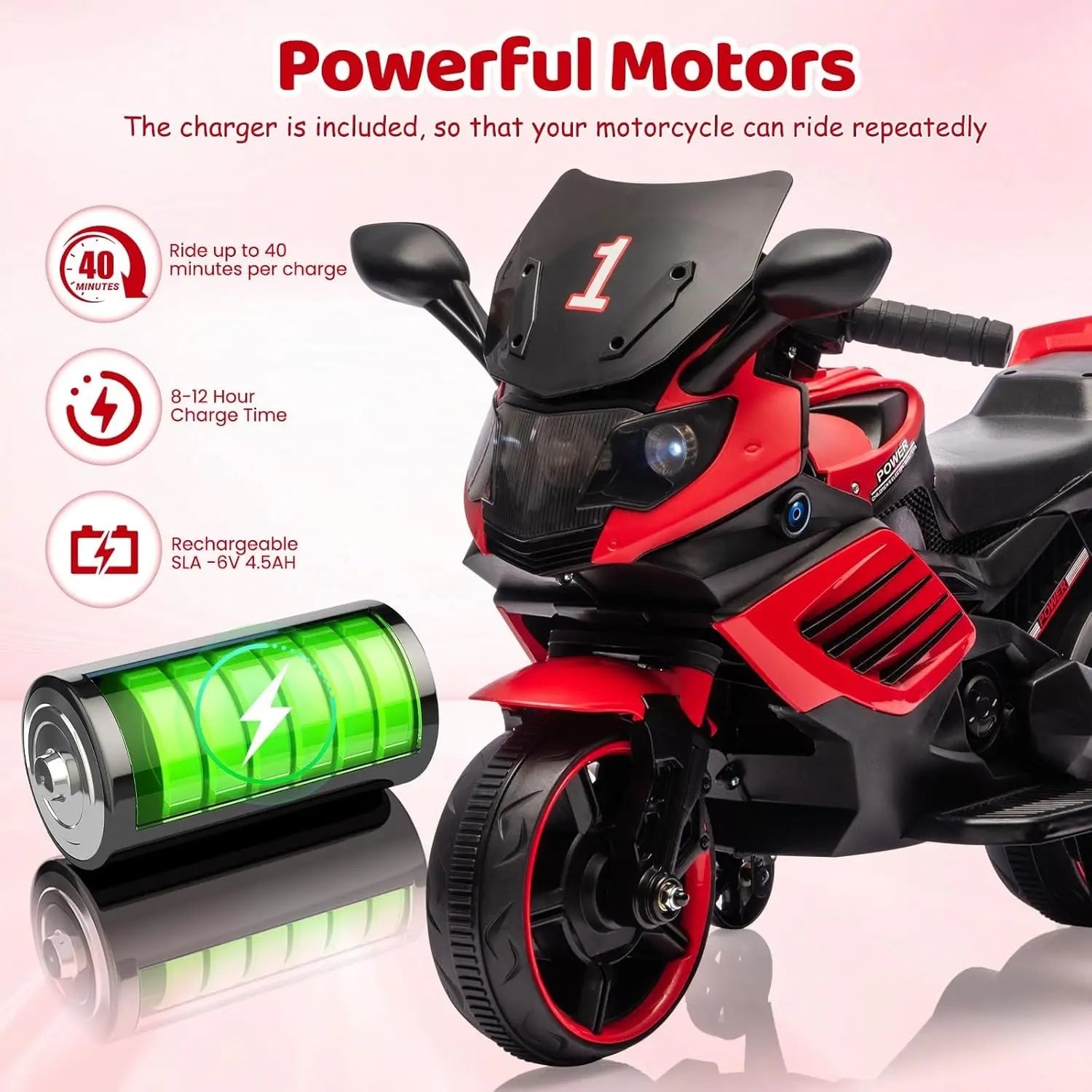6V Kids Motorcycle, Electric Ride On Car Toy with Training Wheels,Headlight, Horn & Music for Toddlers Boys Girls Ages 3-6 Years