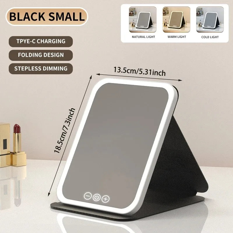 3 Colors Makeup Mirror LED Vanity Mirror with Touch Screen USB Rechargeable Dimming 3 Brightness Portable Fold Mirror Tabletop