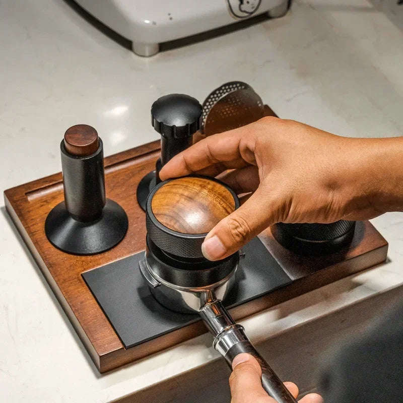 51-58mm Wooden Coffee Tamper Station Stand with Knock Box Coffee Organizer Box for Portafilter Tamper Distributor &Puck Screen