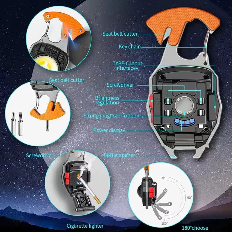 COB Keychain Work Light Flashlights, 7 Lighting Modes, Rechargeable Multi-Function Lights Seat Belt Cutter, Screwdriver, Whistle