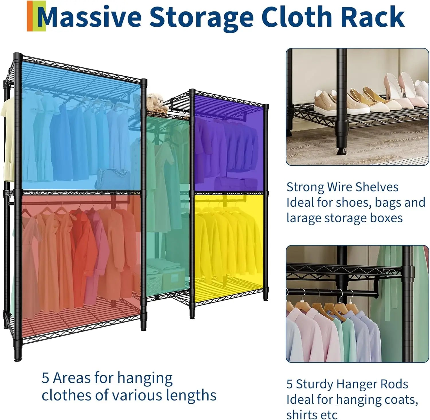 5-Tier Clothes Rack Heavy Duty Garment Rack with 8 Adjustable Shelves 5 Hanging Rods for Hanging Clothes 187W x 44D x 194H cm