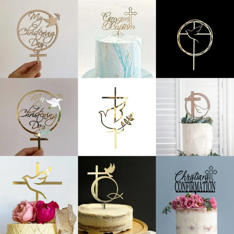 2025 Christ Cross Birthday Cake Topper Gold Acrylic Dove Cross Eucharist Baptism Party Communion Baptism Cake Topper Decoration