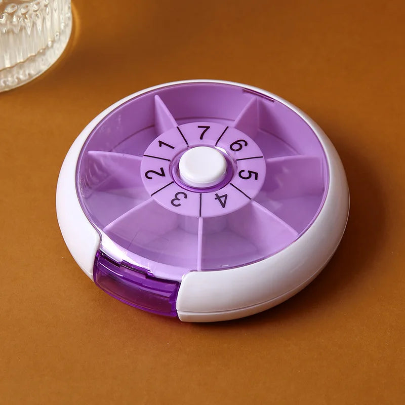 7-Day Weekly Pill Organizer - Portable Round Rotary Pill Box with 7 Compartments, Mini Medicine Case for Pills & Beads Storage