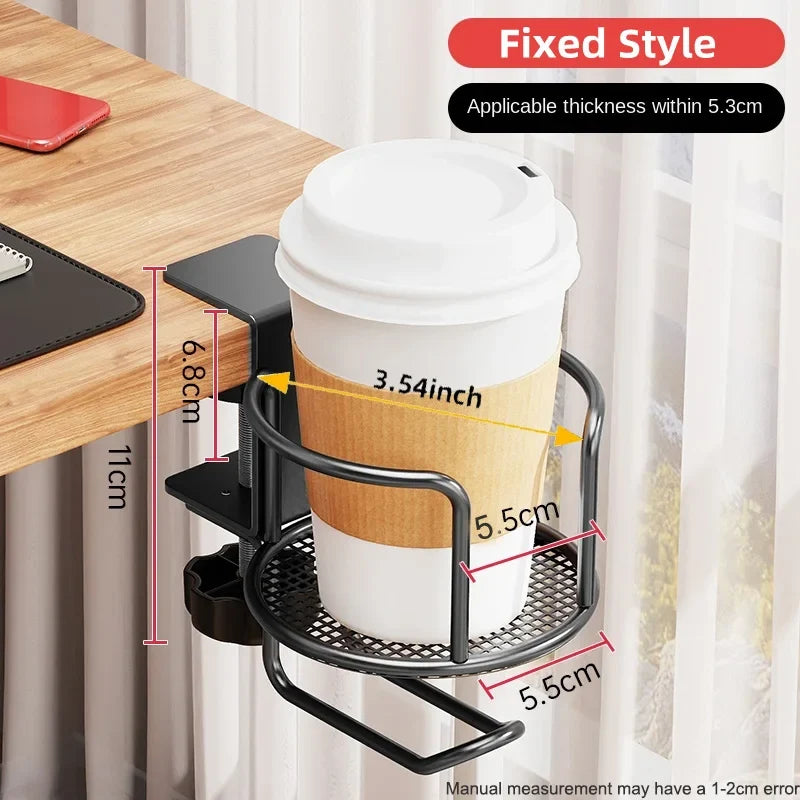 2 in 1 Desk Cup Holder with Headphone Hanger Holder, Anti-Spill Clip-On Table Cup Hook with 360° Rotation for Office Home Table