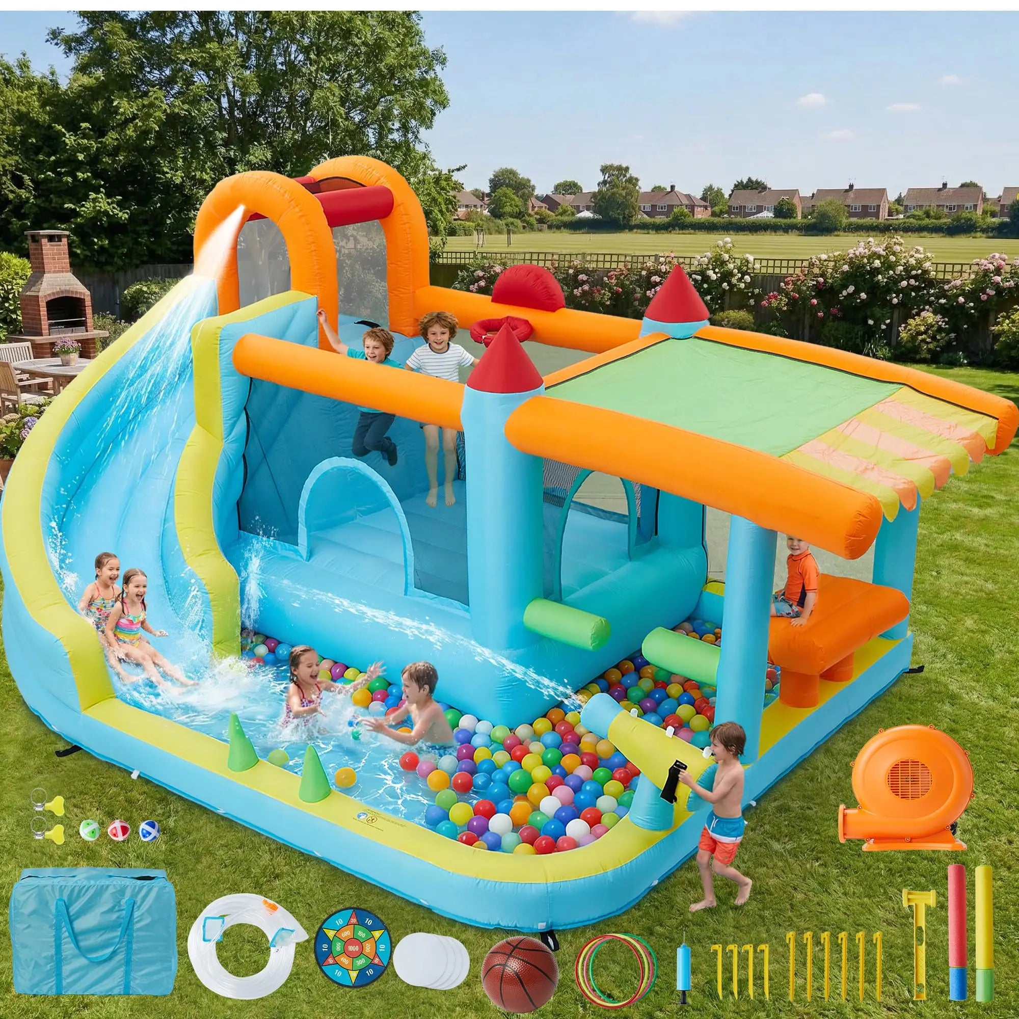 14x10FT Inflatable Bounce House 12-In-1 Wet Dry Water Slide With 450W Blower Kids Jumping Castle For Indoor Outdoor Backyard