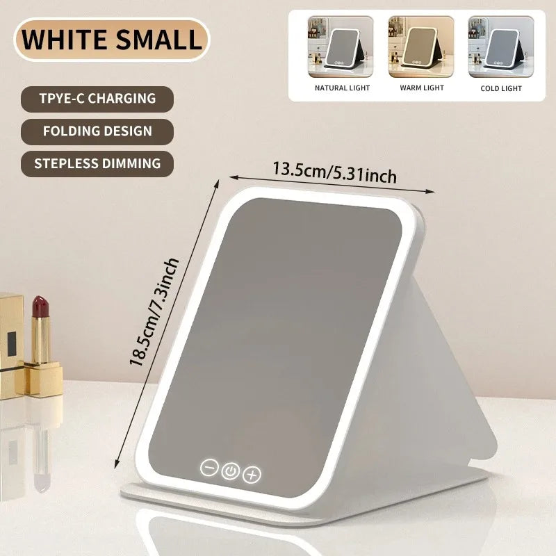 3 Colors Makeup Mirror LED Vanity Mirror with Touch Screen USB Rechargeable Dimming 3 Brightness Portable Fold Mirror Tabletop
