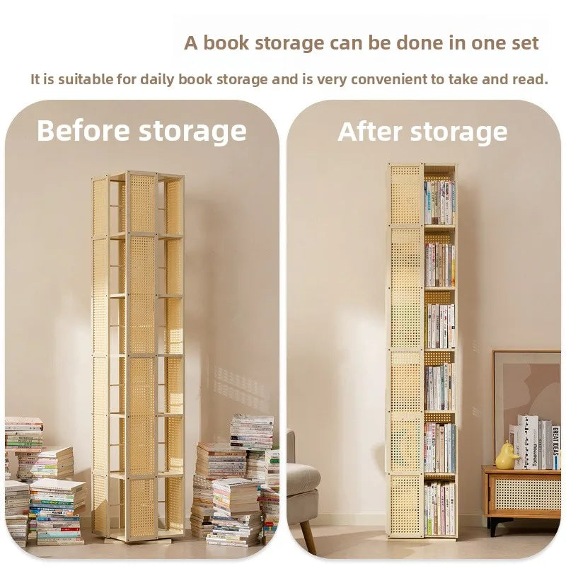All solid wood rotating bookshelf 360-degree bookcase multi-layer storage home living room removable children's floor rack