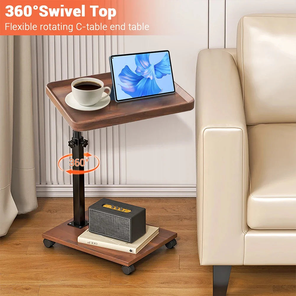 Adjustable C Table With Wheels, 360° Swivel Tv Tray & Storage For Couch, Bed, Living Room, Mobile Locking Snack Table