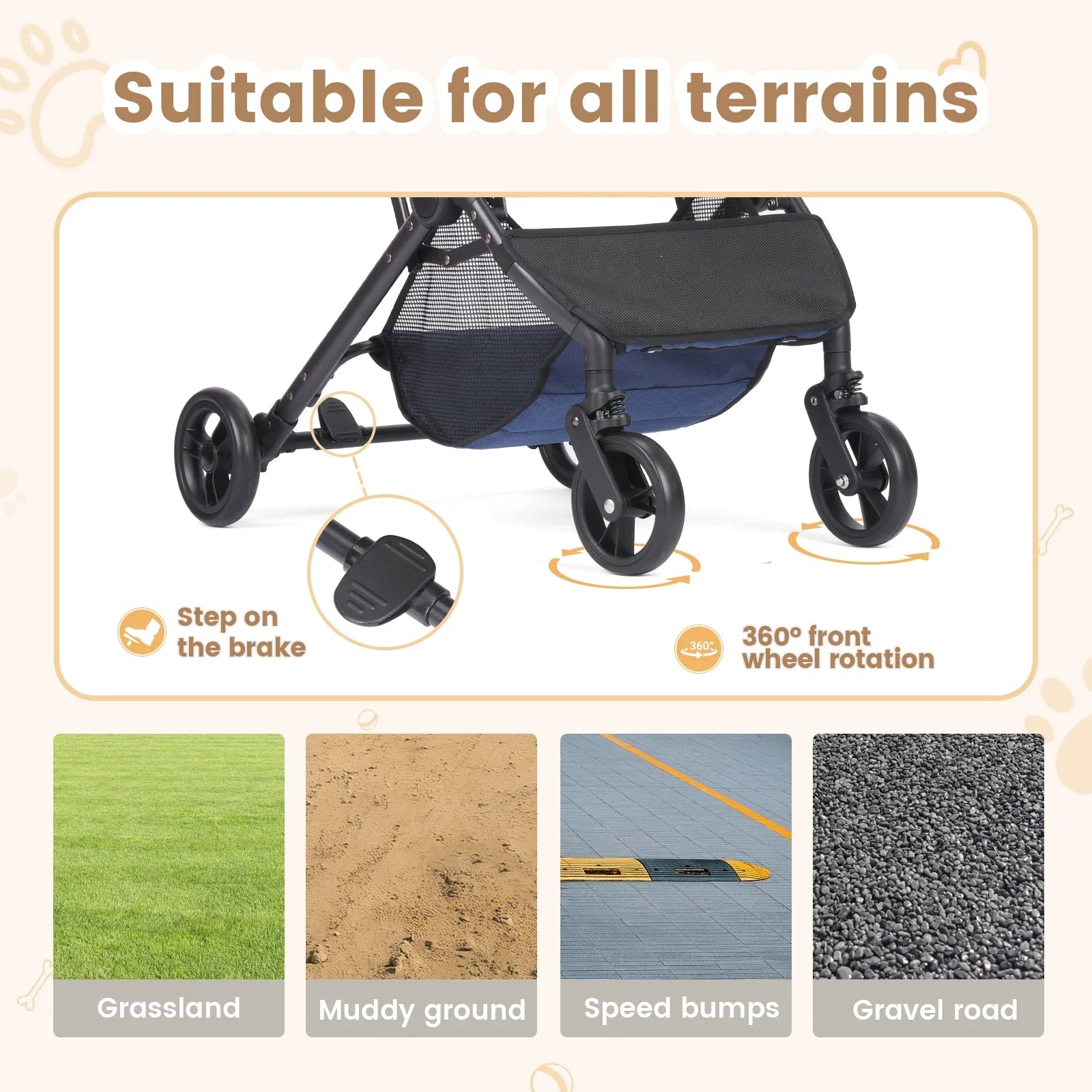 3 in 1 Dog Stroller, Upgraded Frame, Up to 44lbs Pet Stroller with Dog Poop Bags & Dispenser, Zipperless Entry, Storage Basket &