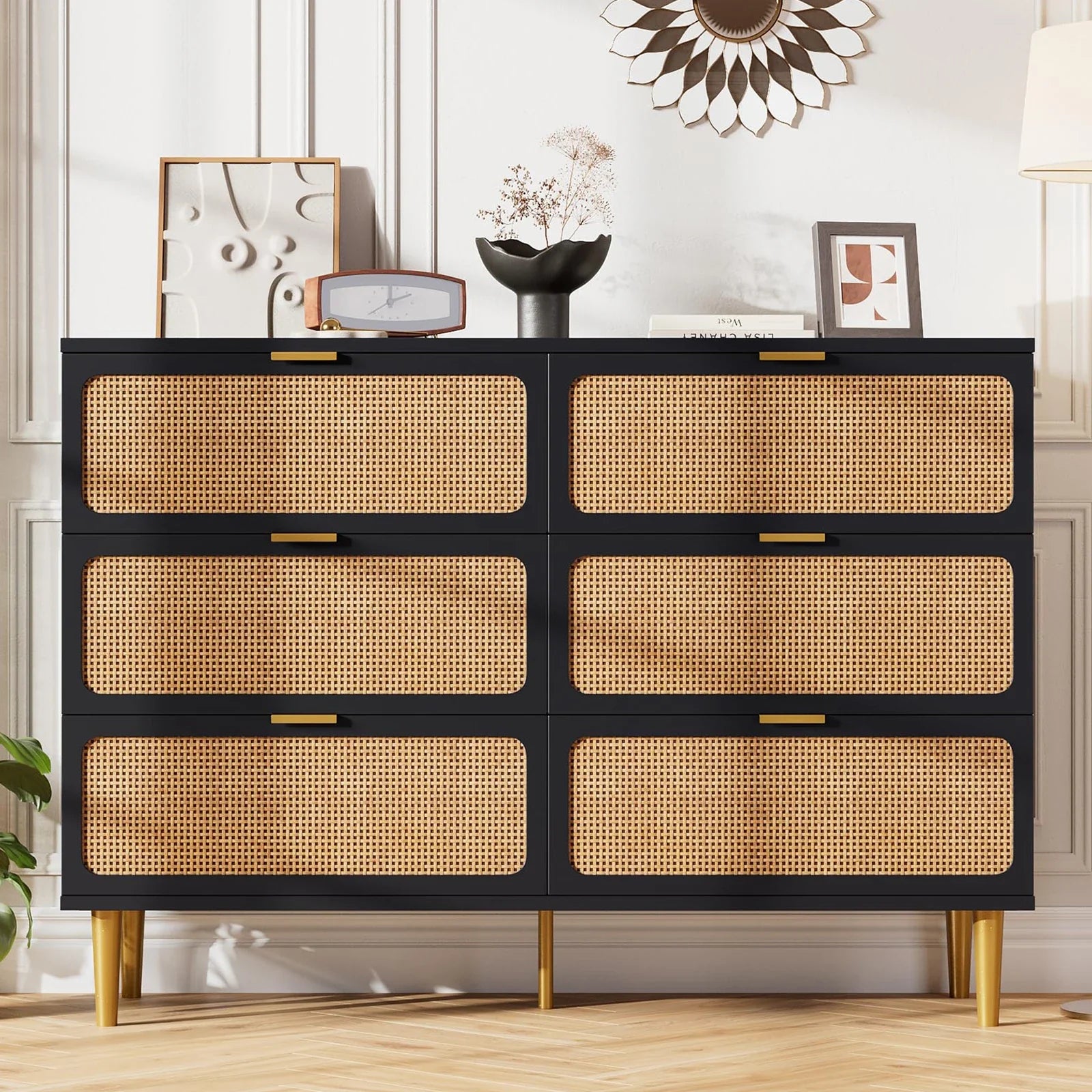 6-Drawer Rattan Dresser, Natural Hand-Woven Rattan & Wood Large Storage Dresser With Deep Drawers For Bedroom Living Room