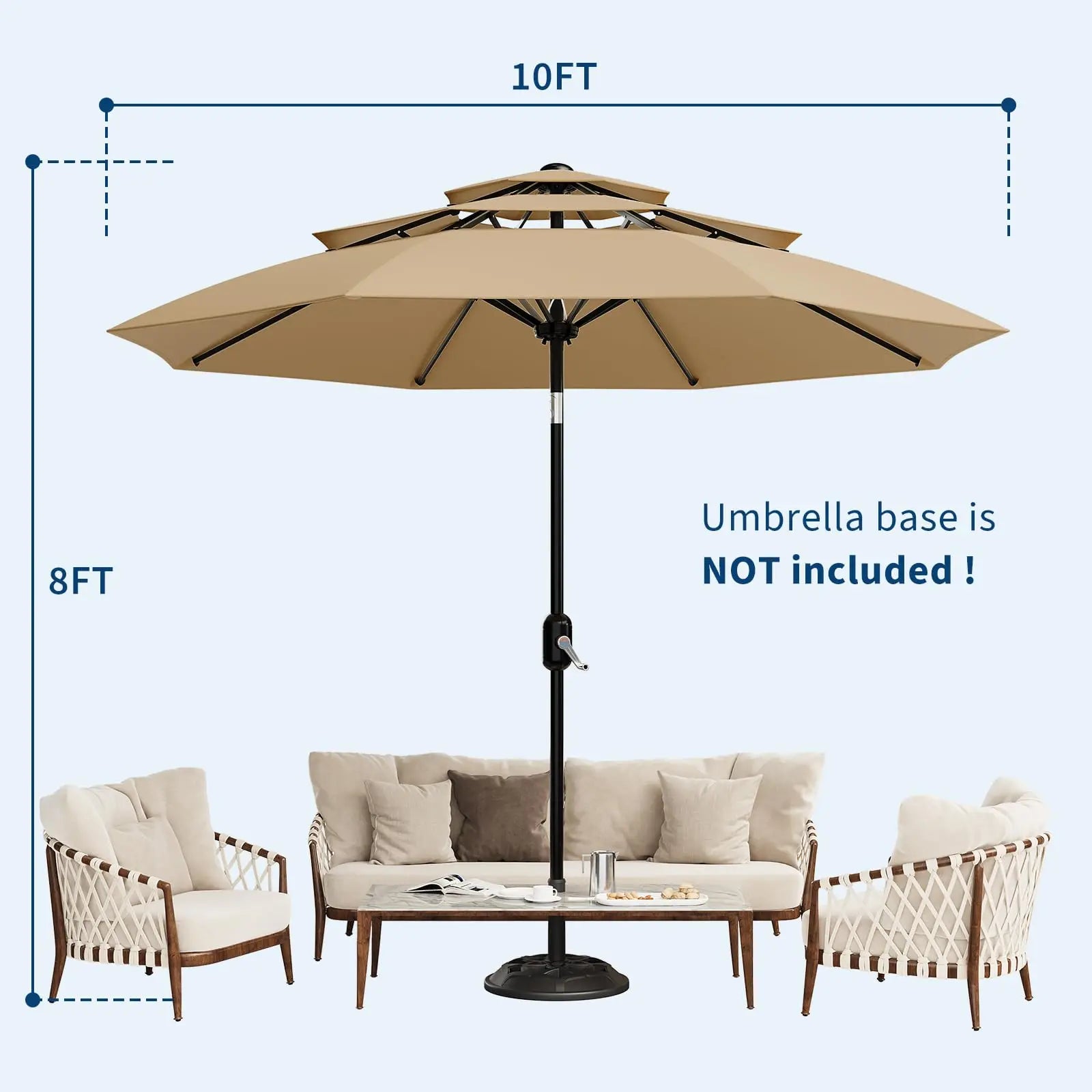 10FT 3-Tier Patio Umbrella Vented Outdoor Table Market Umbrella With Crank & Tilt Sunshade Fade Resistant For Pool Deck Yard