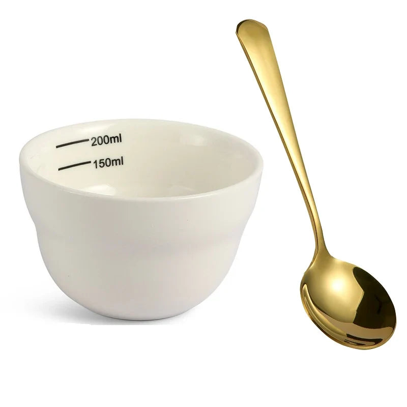 200ml Ceramic Coffee Bowl with Scale Thickened Measuring Bowl U Cupping Cup with Spoon Espresso Measuring Cup Coffee Accessories