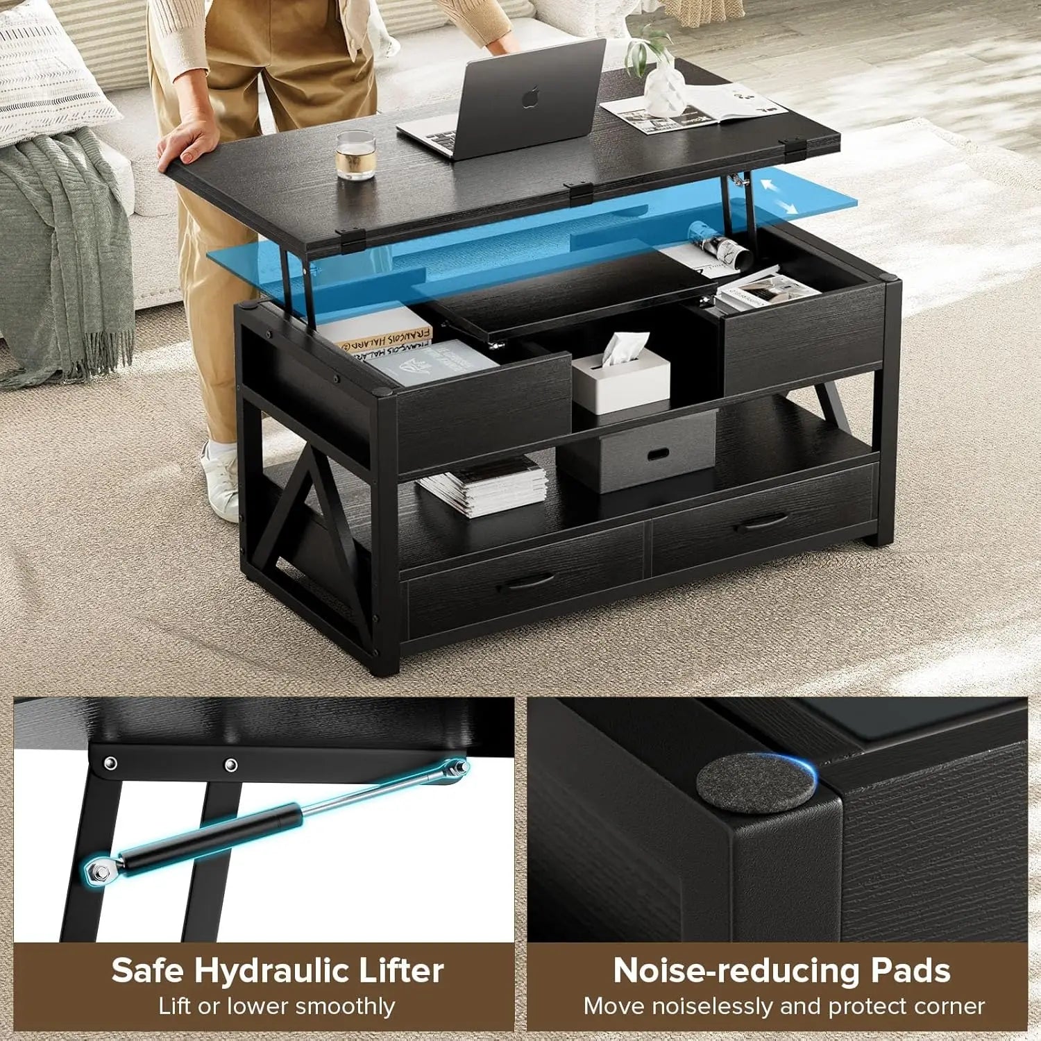40" Lift Top Coffee Table,4 in 1 Multi-Function Lift Coffee Tables with Storage Drawers and Hidden Compartmen,,FarmhouseTable