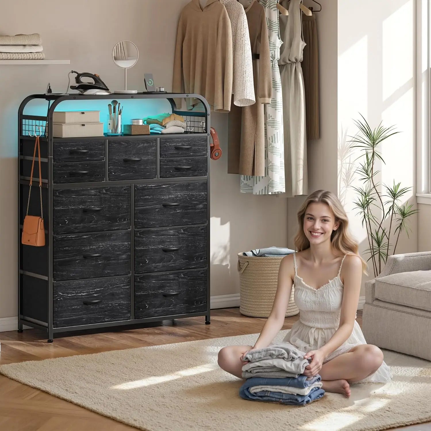 47" H Dressers & Chests of Drawers with LED Lights & Charging Station, Dresser for Bedroom with 11 Fabric Drawers & 4 Hooks