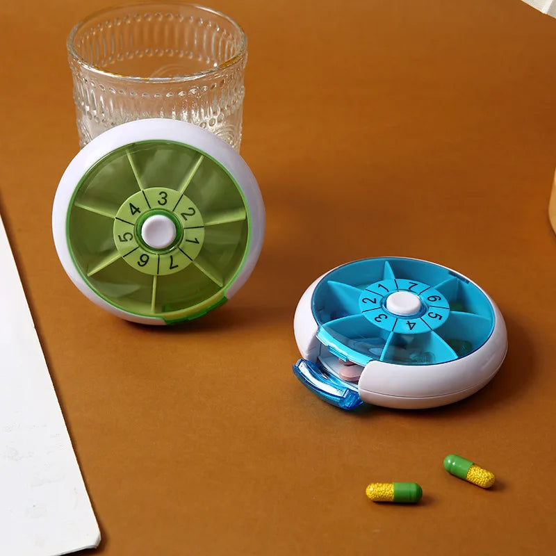 7-Day Weekly Pill Organizer - Portable Round Rotary Pill Box with 7 Compartments, Mini Medicine Case for Pills & Beads Storage