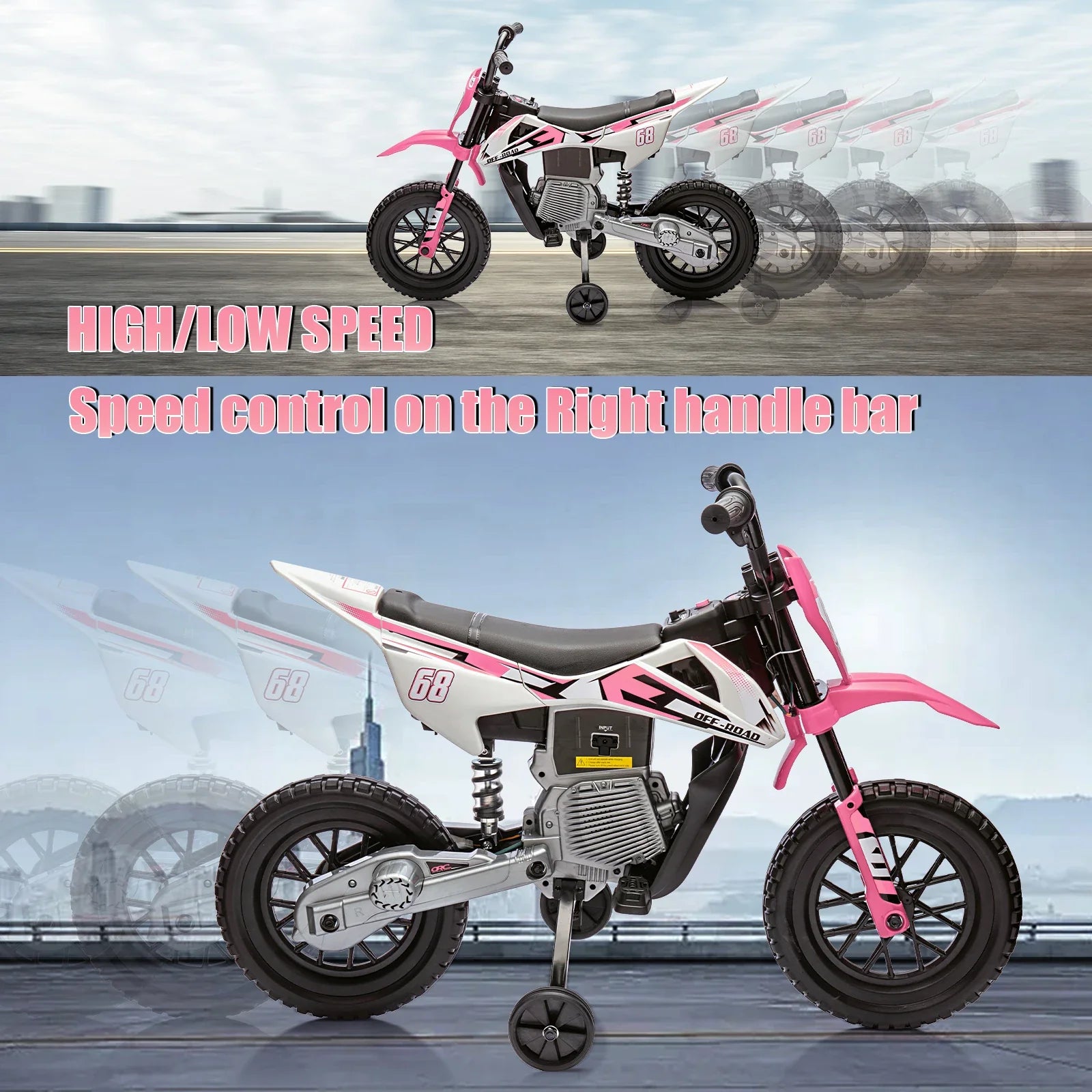 12V Kids Electric Dirt Bike with Training Wheels, Children Ride-on Motorcycle with Twist Grip Throttle,Music,3MPH Max Speed,