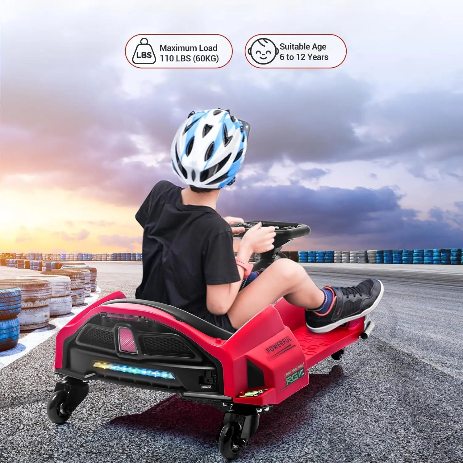 24V Electric Go-Kart Kids Outdoor Ride On Drift Racing Car Toy with Variable Speeds Up to 7.5 Mph,LED Lights,Music,USB Port