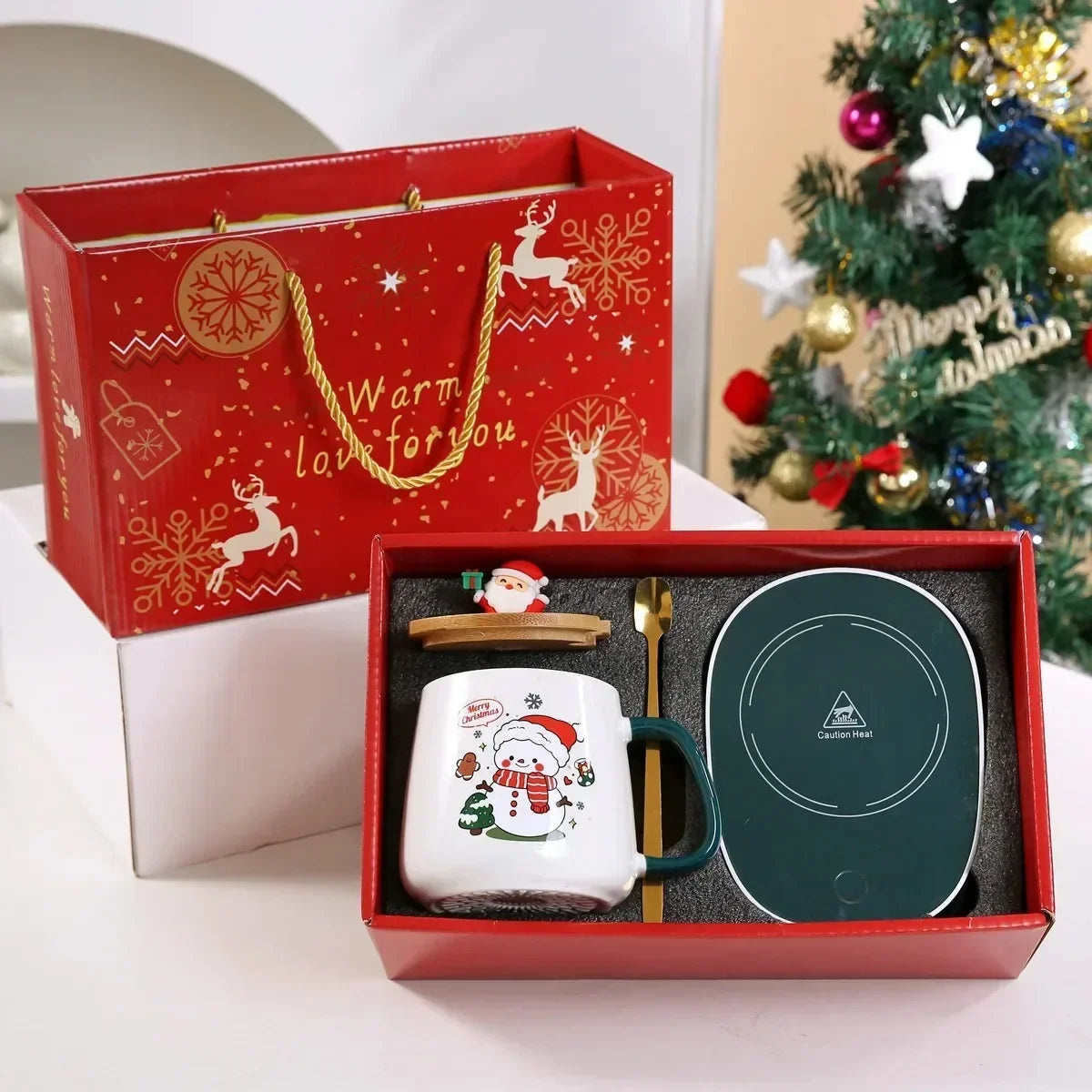 Christmas Gift New Year Set:55 ℃ Thermostat Mugs Cup Santa Claus Ceramic Cup with Lid Spoon Mugs Coffee Cups for Office or Home