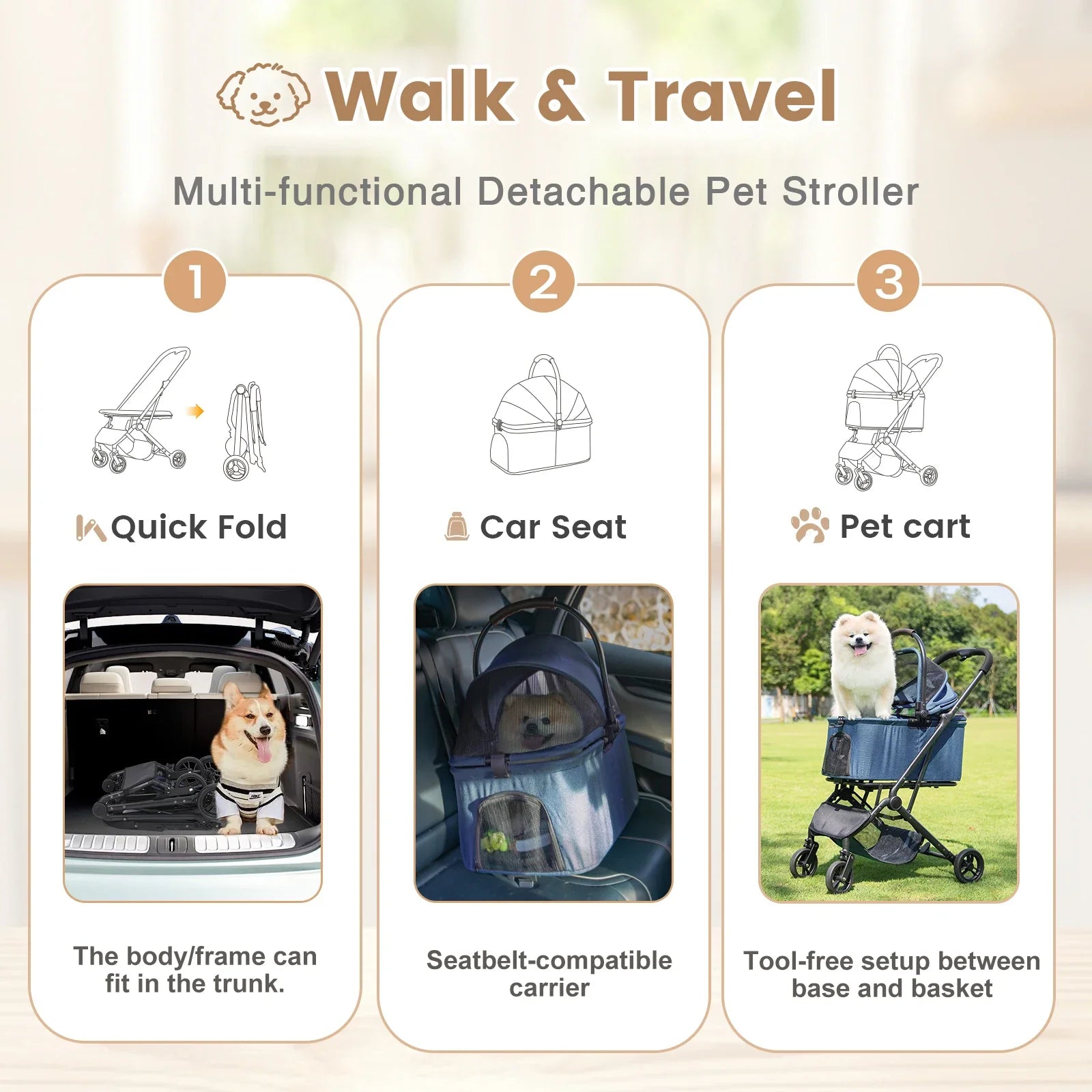 3 in 1 Dog Stroller, Upgraded Frame, Up to 44lbs Pet Stroller with Dog Poop Bags & Dispenser, Zipperless Entry, Storage Basket &