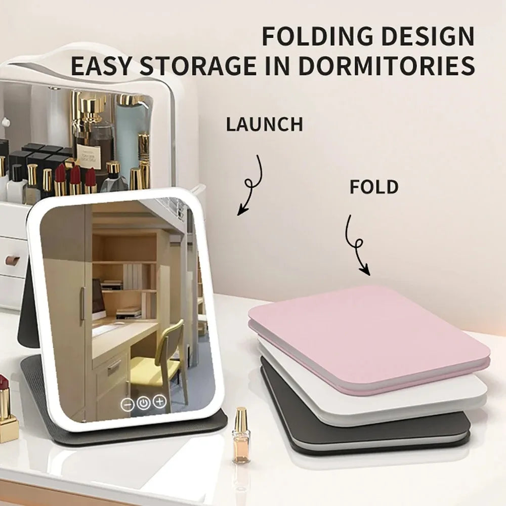 3 Colors Makeup Mirror LED Vanity Mirror with Touch Screen USB Rechargeable Dimming 3 Brightness Portable Fold Mirror Tabletop