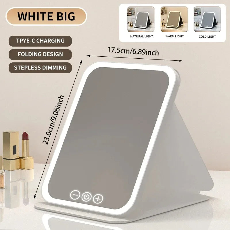 3 Colors Makeup Mirror LED Vanity Mirror with Touch Screen USB Rechargeable Dimming 3 Brightness Portable Fold Mirror Tabletop