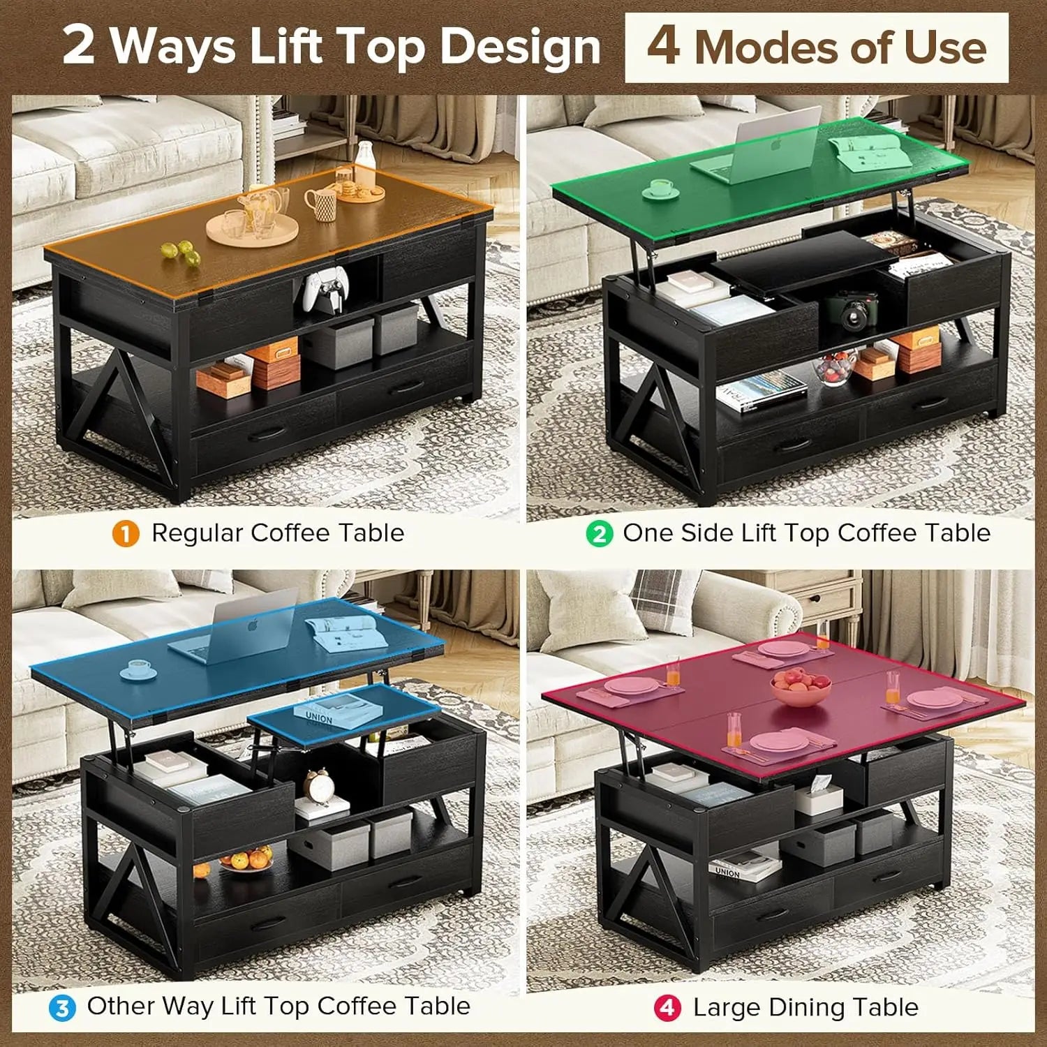 40" Lift Top Coffee Table,4 in 1 Multi-Function Lift Coffee Tables with Storage Drawers and Hidden Compartmen,,FarmhouseTable