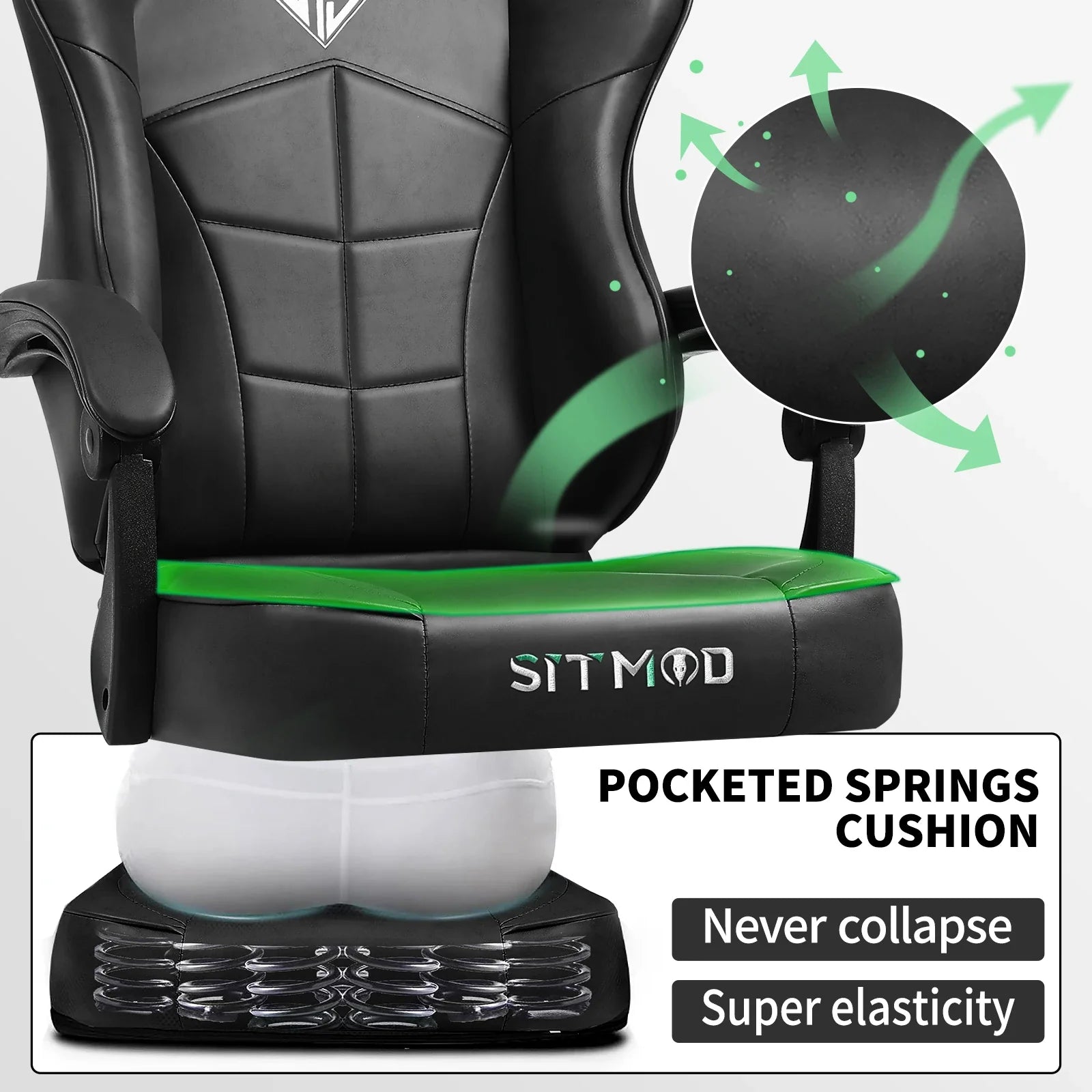 gaming chair with footrest, 400LBS capacity. Adjustable lumbar support, height-reclining. Heavy-duty PU leather, ergonomic