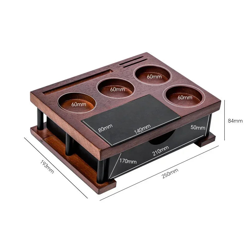 51-58mm Wooden Coffee Tamper Station Stand with Knock Box Coffee Organizer Box for Portafilter Tamper Distributor &Puck Screen