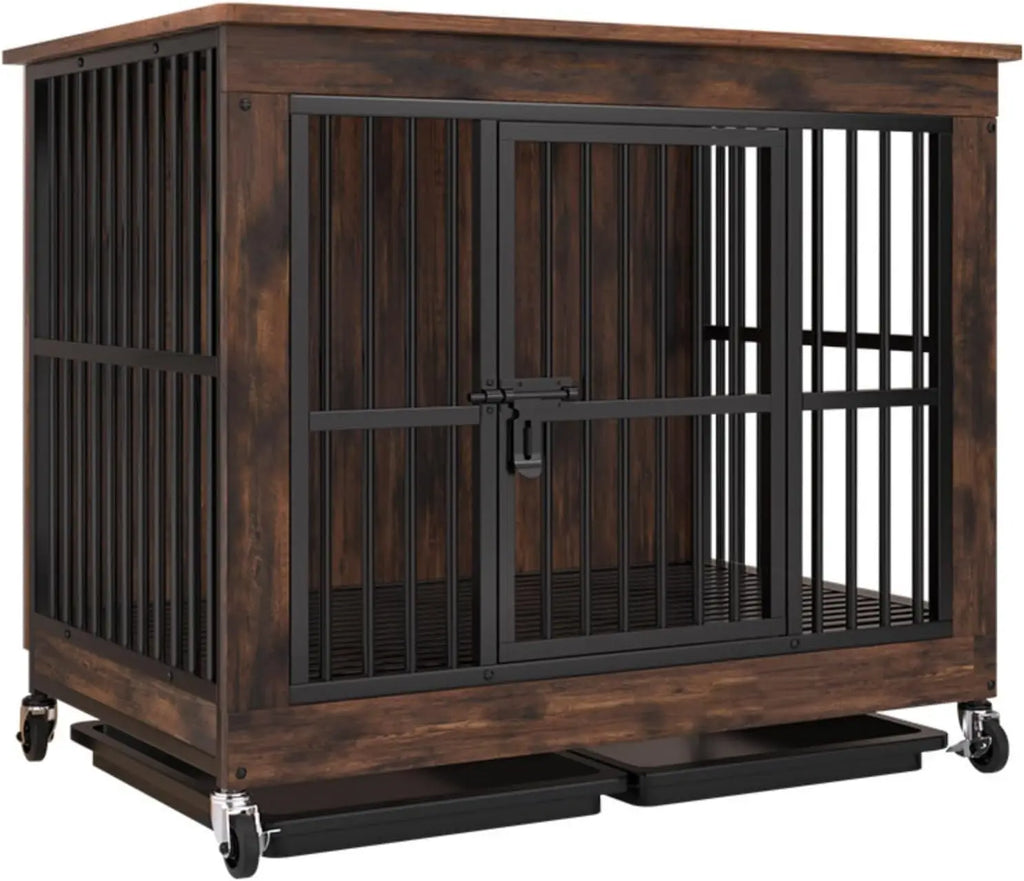 Wooden Dog Crate with Wheels Furniture, for Indoor, for All Dogs, Decorative Side End Table Multiple Units Can be Combined