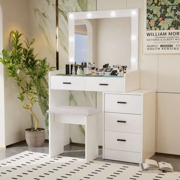 Adjustable white dressing table with 5 drawers